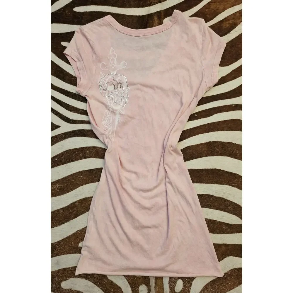 Vintage Bejeweled Y2K Body Con T-shirt Dress Ed Hardy Style Sz M - Picture 2 of 6